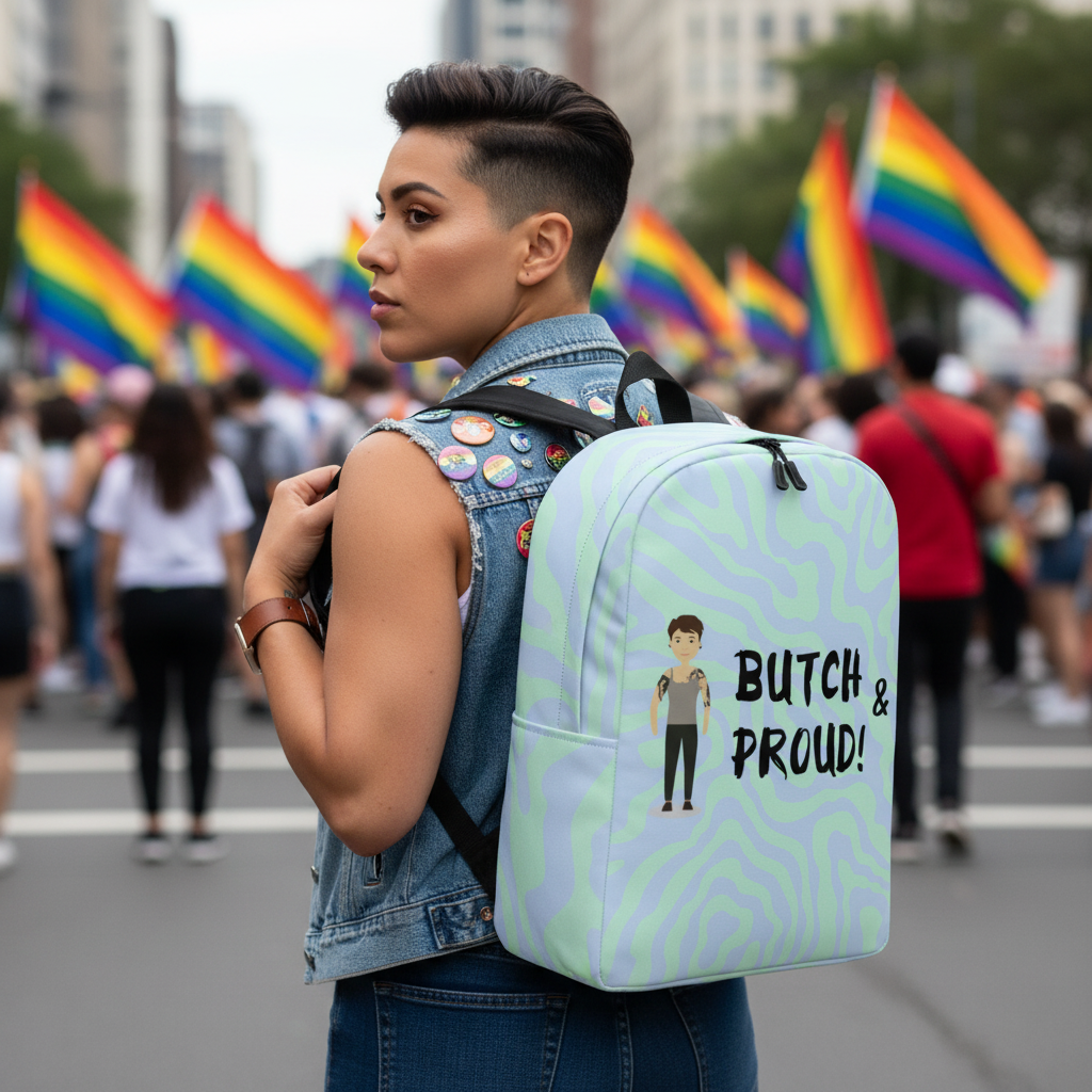 Pastel mint Butch & Proud Minimalist Backpack with "BUTCH & PROUD!" text, held by a short-haired queer in pin-covered denim, rainbow flags behind.