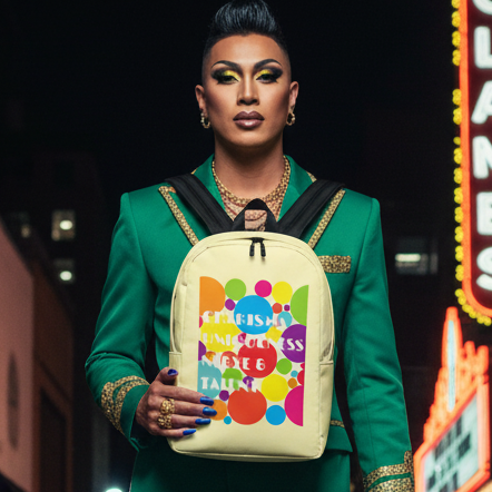 Charisma Uniqueness Nerve & Talent Minimalist Backpack with rainbow circles, held by a glam person in green; "LANES" glows behind.