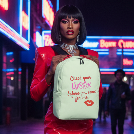 Minimalist backpack with “Check your lipstick before you come for me...” slogan, held by a queer person in bold makeup and a shiny red fit, glowing in neon lights on a vibrant city street at night.