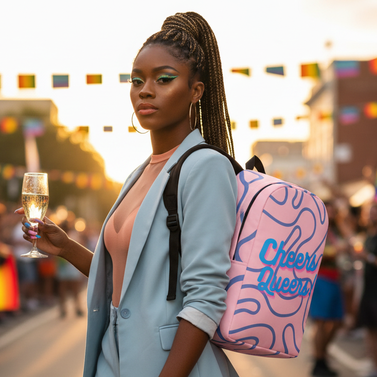 Cheers Queers! Minimalist Backpack worn by a Black woman in braids and blue blazer, rainbow flags at sunset, Pride vibes strong.