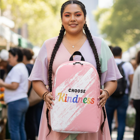 Choose Kindness Minimalist Backpack with bold, colorful “CHOOSE Kindness” text, held by a smiling woman in a pastel dress outdoors.