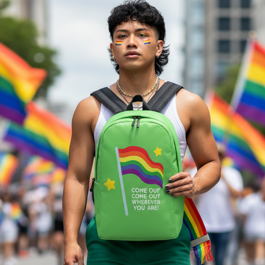 Green minimalist backpack with “Come out, come out wherever you are!” and rainbow flag, worn at a Pride parade by a queer person.