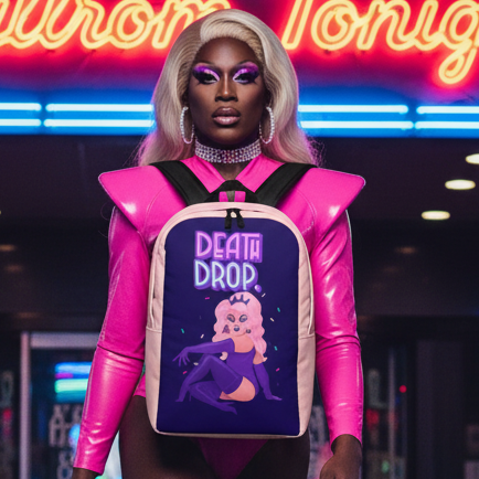 Death Drop Minimalist Backpack with a blonde drag queen illustration and "DEATH DROP" glowing in neon, worn by a femme icon.