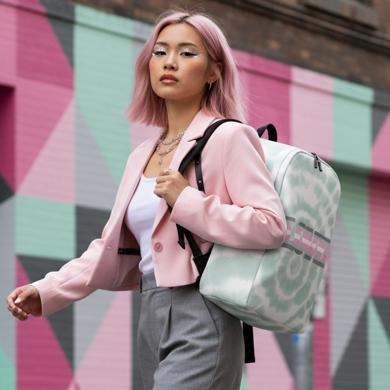 Demigirl Love Minimalist Backpack in mint-green tie-dye, rocked by a femme with pastel pink hair and a cropped pink blazer.