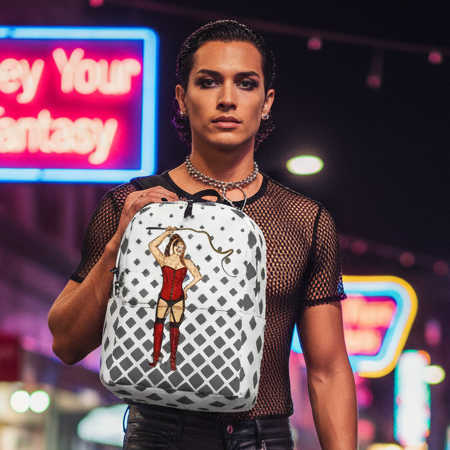 Dominatrix Minimalist Backpack with a red-corseted figure, stockings, and gloves on crisscross. Worn by a queer in black mesh.