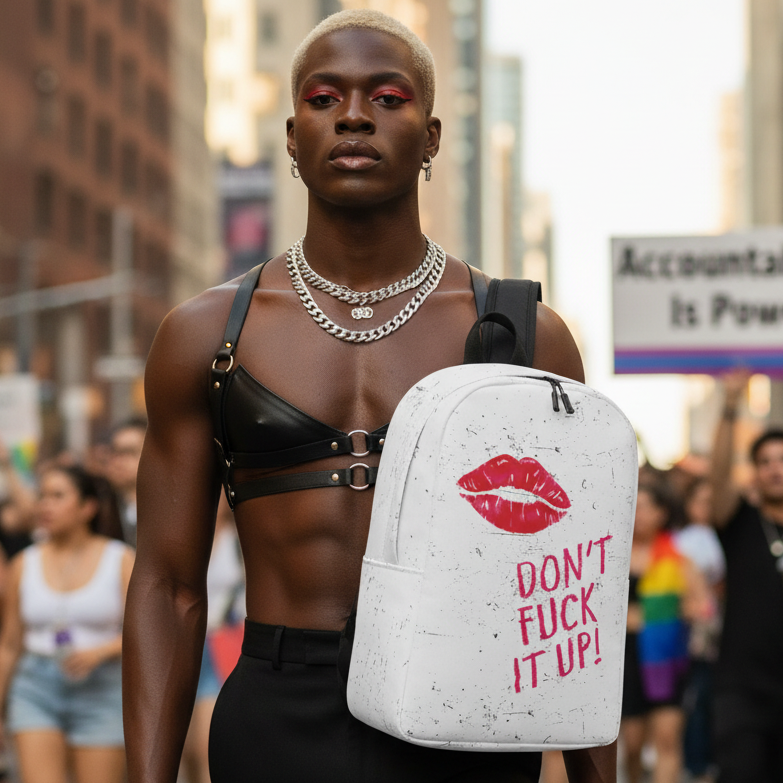 Don't Fuck It Up! Minimalist Backpack—white with red lips and bold text—held by a bold, dark-skinned queer in street style.