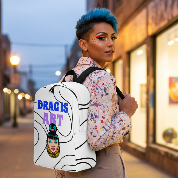 Drag Is Art Minimalist Backpack with “DRAG IS ART” slogan and a stylized drag queen, worn by a blue-haired queer person at dusk.