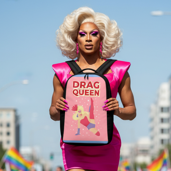 Drag Queen Minimalist Backpack with "Drag Queen" text and cartoon graphic, held by a queen in hot pink; pride flags behind.