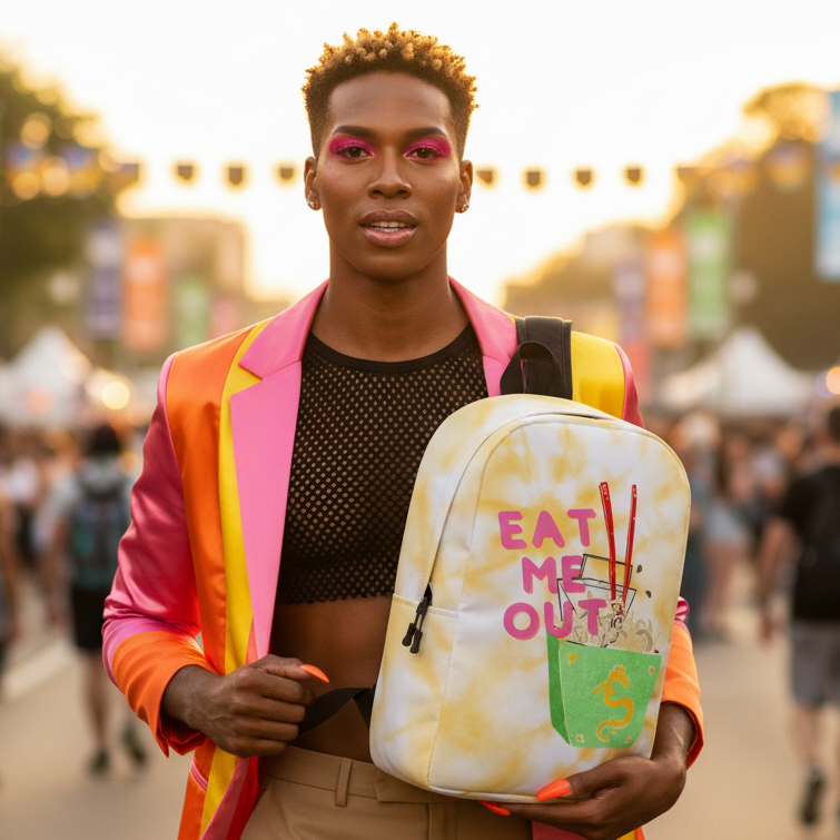 Eat Me Out Minimalist Backpack with playful noodle box graphic, carried by a Black person in pink-orange blazer and mesh crop top.