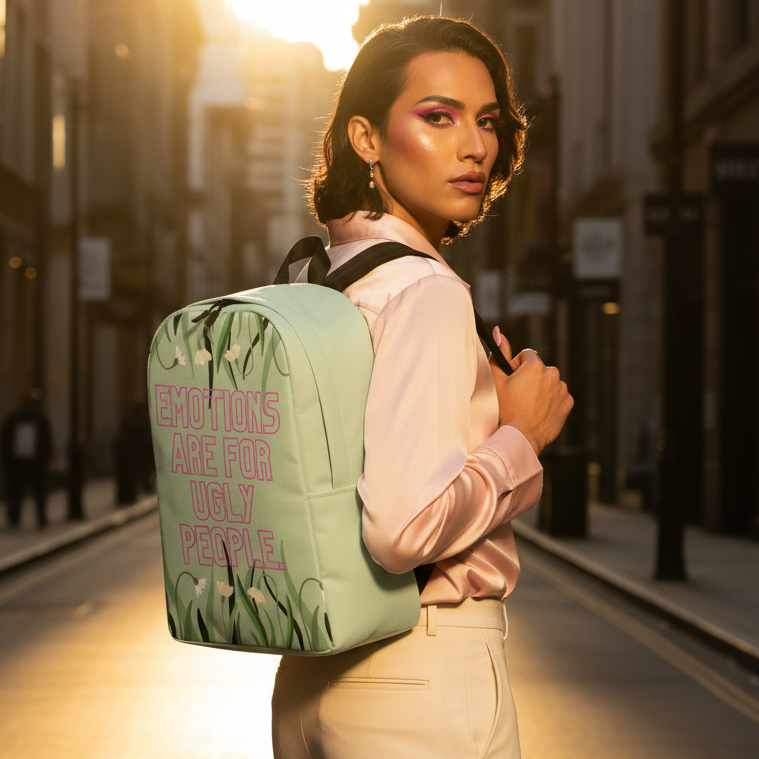 Mint-green Emotions Are For Ugly People Minimalist Backpack with pink caps slogan, styled by queer cutie in bold pink eyeshadow.