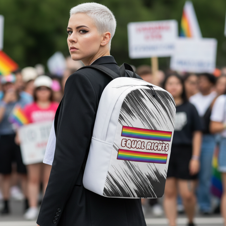 Equal Rights Minimalist Backpack with rainbow-striped patch slung over shoulder at a vibrant, queer pride rally; protest signs, flags behind.
