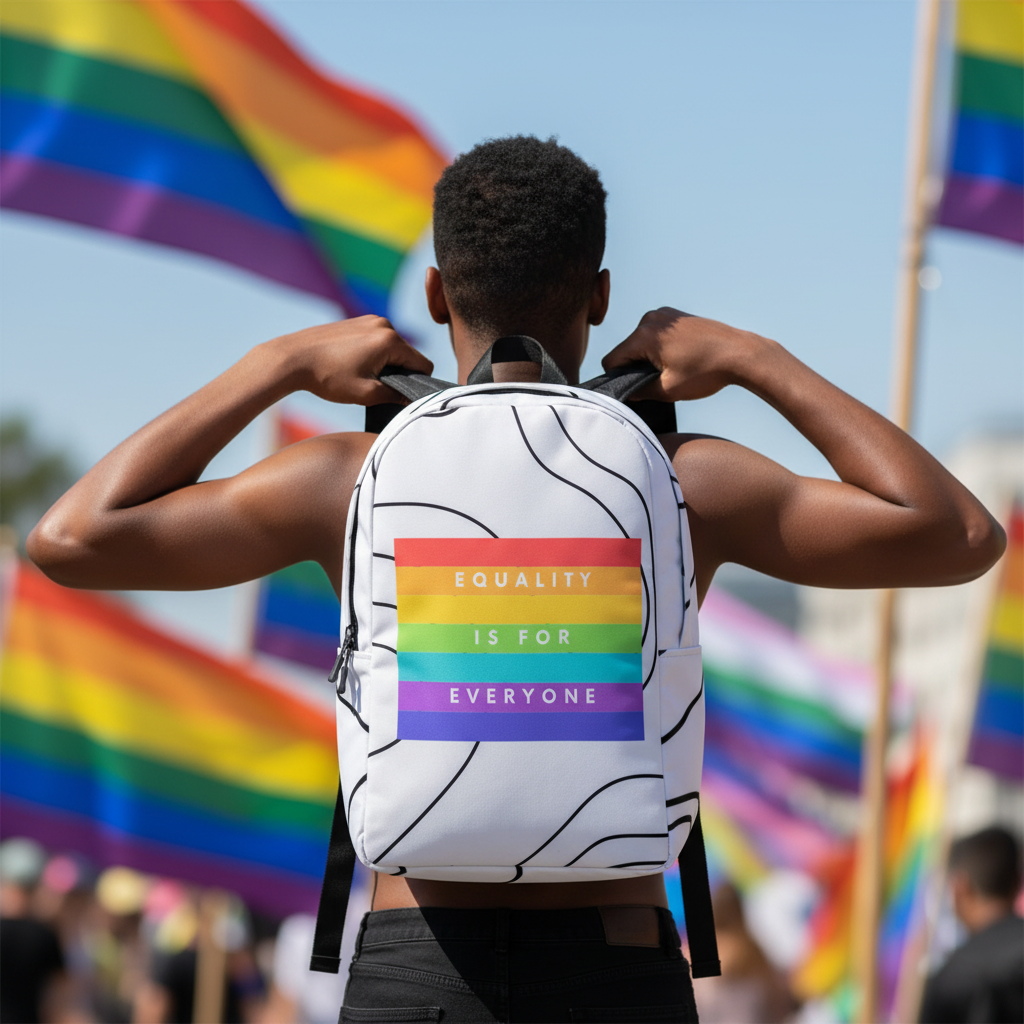 Minimalist backpack with rainbow stripes and “Equality Is For Everyone” slogan, worn at an outdoor queer event with pride flags waving.