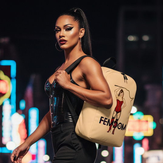 FEMDOM Minimalist Backpack with cartoon dominatrix art and “FEMDOM” text, carried by femme in black at night, neon lights glowing.