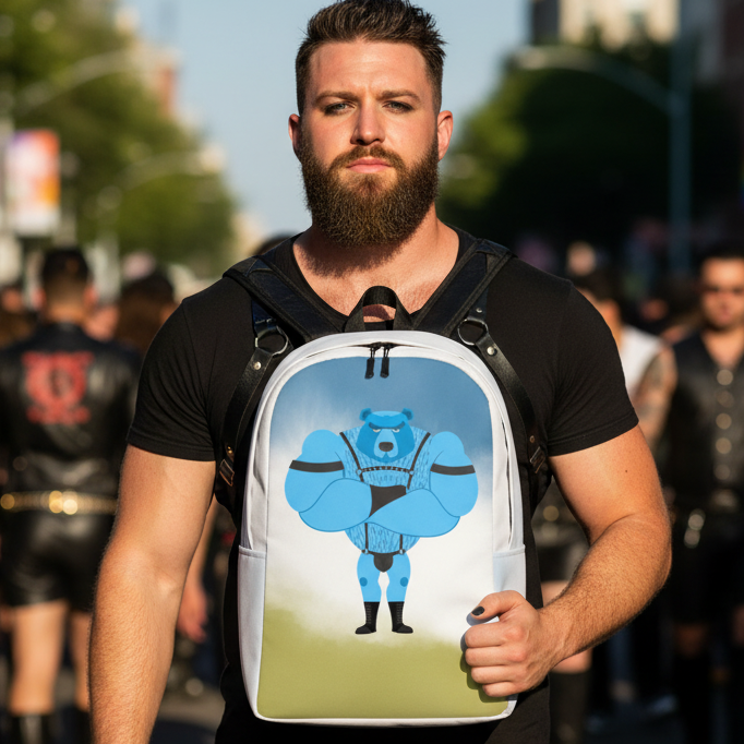 Fetish Gay Bear Minimalist Backpack with a cartoon blue muscle bear in a harness, held by a bearded guy at an outdoor queer event.