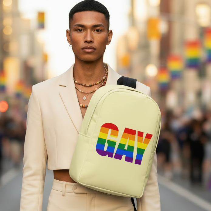 Gay Minimalist Backpack with bold “GAY” in rainbow letters, carried by a queer person in a cream suit, pride flags behind them.