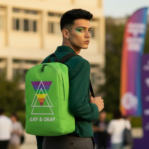 Gay & OK Minimalist Backpack with rainbow triangle and "GAY & OKAY" text, worn by person with bold green eyeshadow outdoors at Pride.