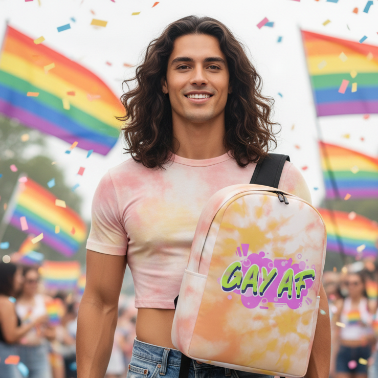 Gay AF Minimalist Backpack slung over a pastel tie-dye shirt, queer crowd, rainbow flags, and confetti at LGBTQ+ Pride.