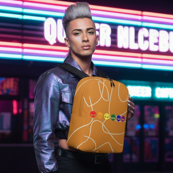 Gay Alien Minimalist Backpack with colorful pins, worn by a silver-haired person in a shiny purple jacket under neon lights and "QUEER" sign.