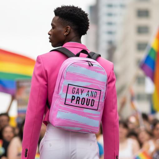 Gay And Proud Minimalist Backpack worn by someone in a pink blazer and white pants at a pride parade, rainbow flags waving nearby.