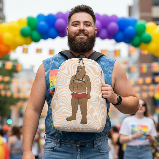 Gay Bear Minimalist Backpack with cartoon bear in red briefs, held by bearded man at Pride amid rainbow balloons and pride flags.