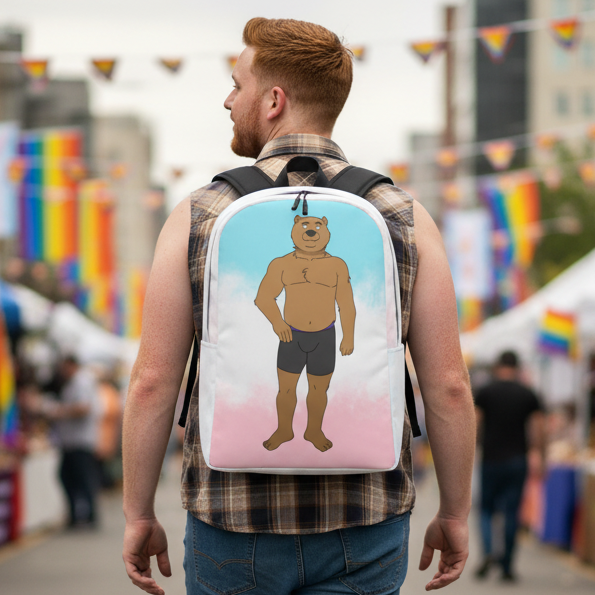Gay Cub Minimalist Backpack with a cartoon bear in underwear and pastel sky, worn by a redhead at a pride fest with queer flags.