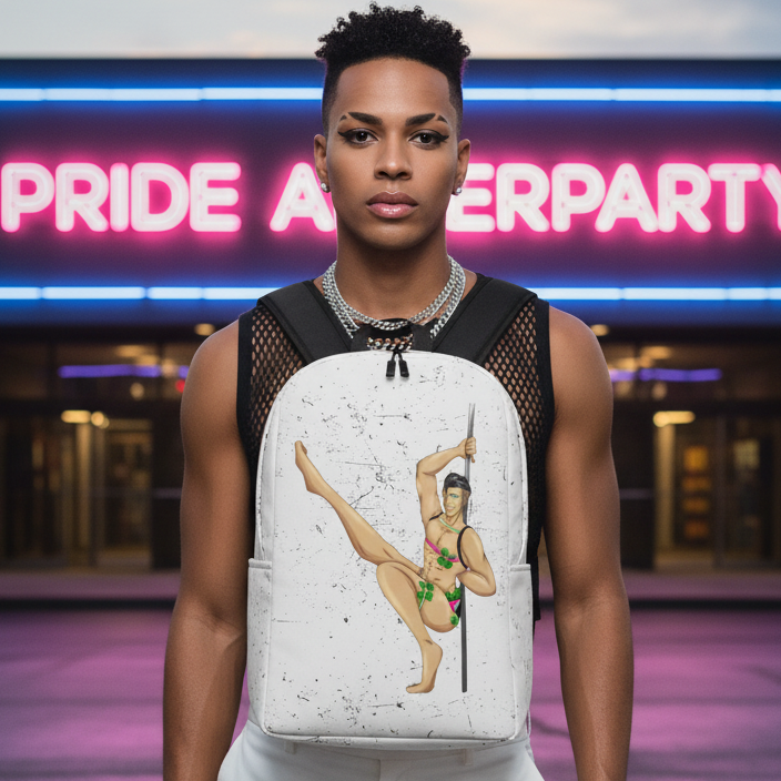 Gay Gogo Dancer Minimalist Backpack with a colorful pole dancer is carried by a bold queer in black mesh under neon "PRIDE AFTERPARTY" sign.