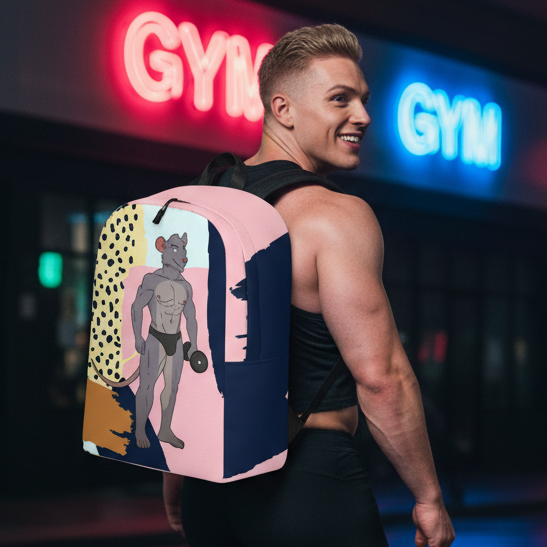 Gay Gym Rat Minimalist Backpack with cartoon muscle mouse and dumbbell art, worn by a buff guy in gym gear near neon "GYM" signs.