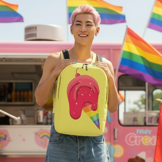 Gay Icecream Minimalist Backpack with a melting rainbow popsicle, held by a pink-haired person at a pride-flagged pink food truck.
