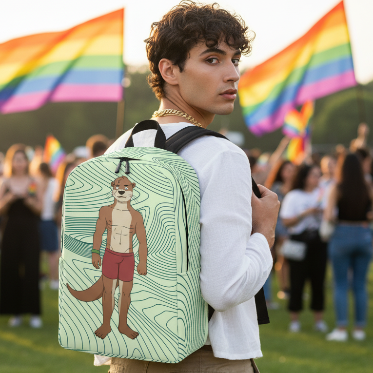 Gay Otter Minimalist Backpack with otter in red shorts, carried by a queer guy as rainbow pride flags wave at an outdoor event.