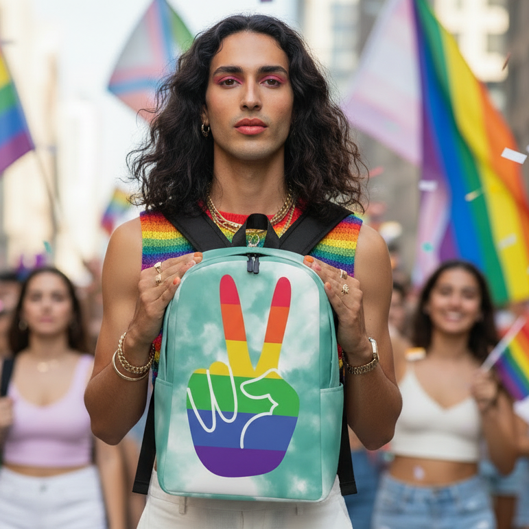 Gay Pride Minimalist Backpack with rainbow peace sign held by queer person in rainbow top, among LGBTQ+ flags at a city parade.