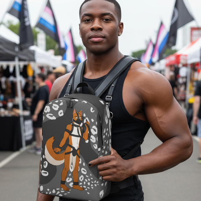 Gay Pup Minimalist Backpack featuring a fox furry in a harness, held by a buff man in a black tank at an outdoor queer festival.