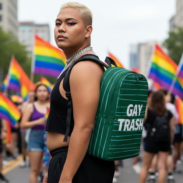 Gay Trash Minimalist Backpack at a Pride parade, with rainbow flags; carried by a queer person in a black crop top and silver chain.