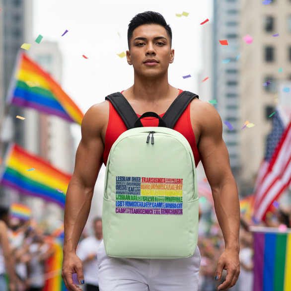 Gay USA Minimalist Backpack with multicolored LGBTQ+ terms, worn by a muscular man in red tank at a rainbow-flag-filled pride parade.