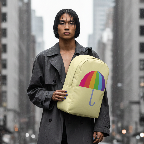 Gay Umbrella Minimalist Backpack with rainbow umbrella graphic, held by someone in a dark trench and blue nails on a rainy city street.
