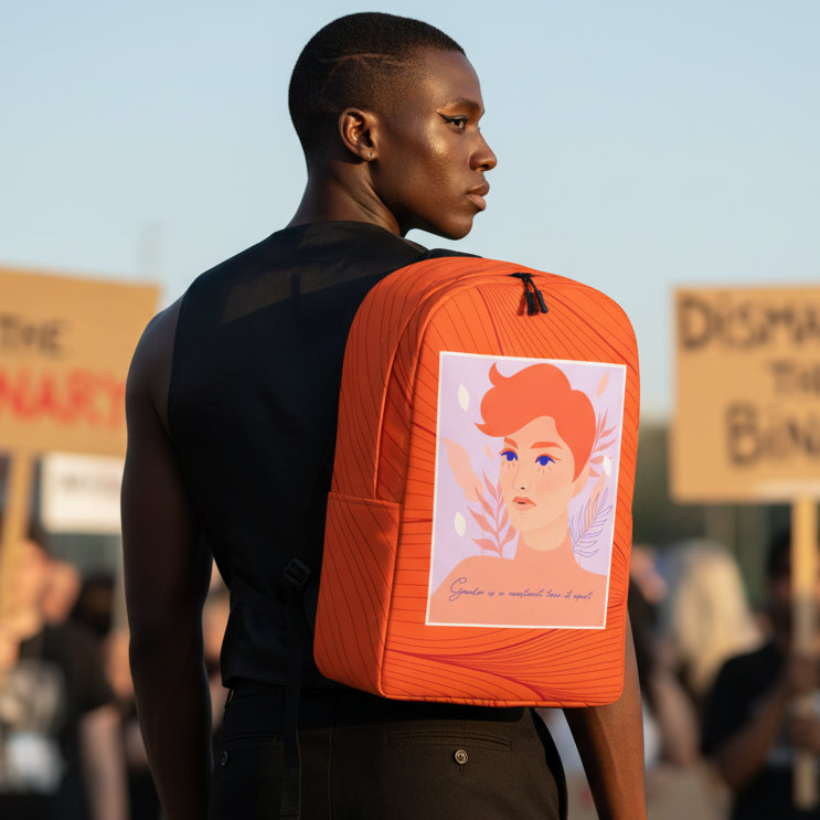 Minimalist backpack reads "Gender Is A Construct Tear It Apart," worn by someone in a sleeveless black shirt at a lively queer protest.