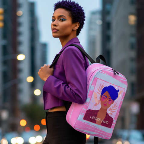 Gender-Fluid Minimalist Backpack with blue-haired illustrated portrait and “GENDER FLUID” text, worn by a person in purple, dusk city lights behind.