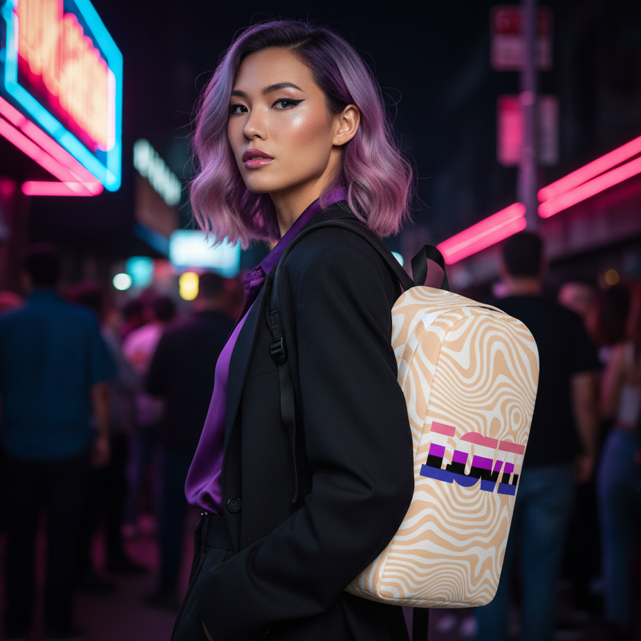 Genderfluid Love Minimalist Backpack with vibrant geometric pattern, worn by a femme in purple hair, blazer, and shirt at night in a neon city.