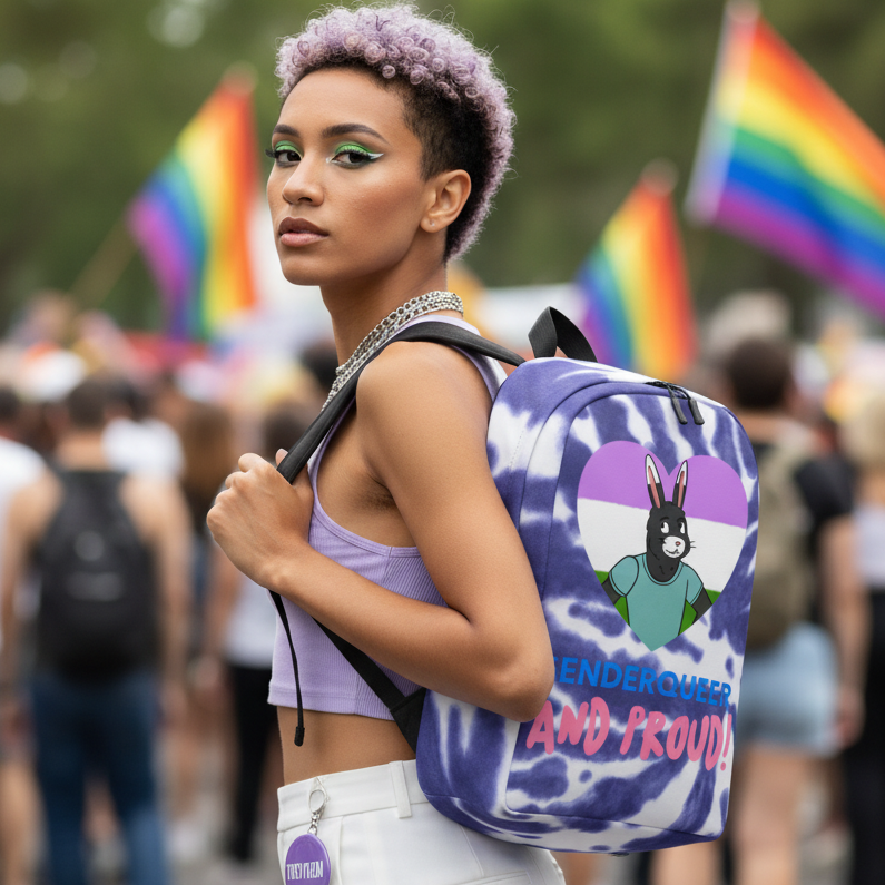 Genderqueer and Proud Minimalist Backpack with cartoon bunny, "Genderqueer and Proud!" text, worn at Pride with rainbow flags.