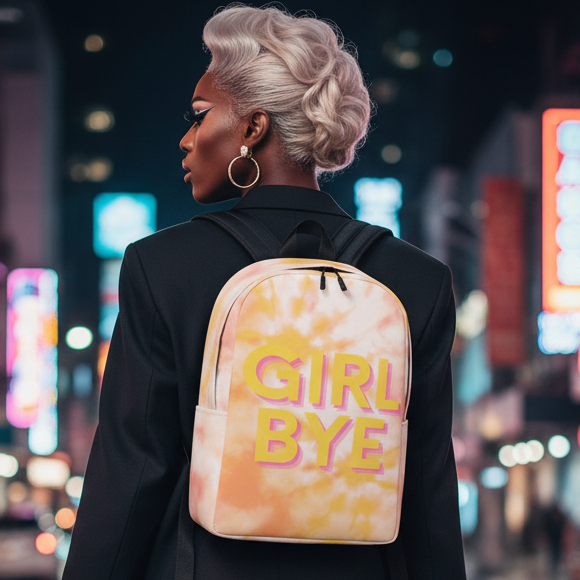 Girl Bye Minimalist Backpack with bold yellow and pink lettering, carried by a Black woman in a black blazer on neon-lit city streets.