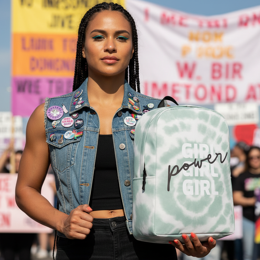 Girl Girl Girl Power Minimalist Backpack in pastel tie-dye worn by a woman at a protest, with activist pins on her denim vest.