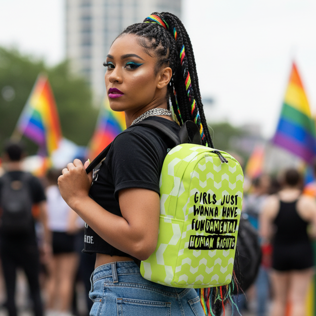Minimalist backpack with the slogan "Girls Just Wanna Have Fundamental Human Rights" worn by a femme with vibrant braided hair, rainbow flags in hand at a queer parade.