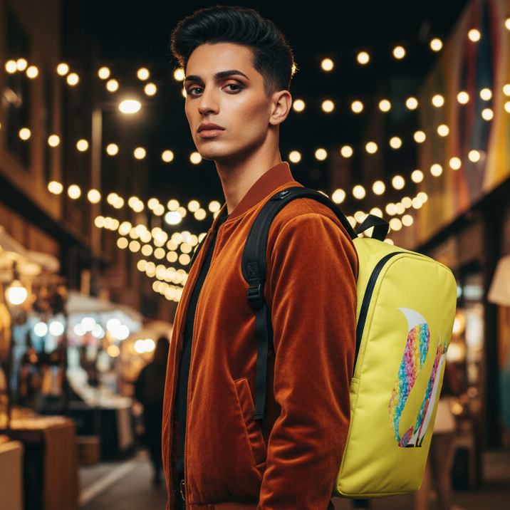 Glitter Fox Minimalist Backpack on a young man in a rust velvet jacket at a bustling night market, string lights glowing above.