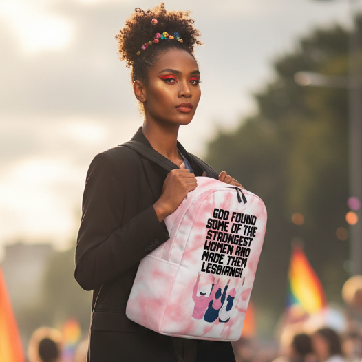 Pastel pink minimalist backpack with "God found some of the strongest women and made them lesbians!" slogan, held at Pride, rainbow flags.