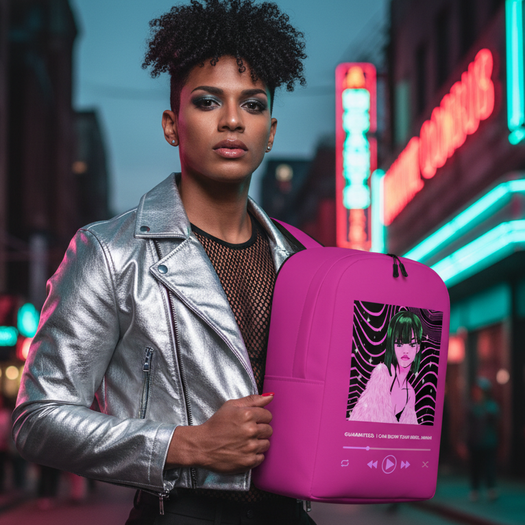 Guaranteed, I Can Blow Your Mind...Mwah!" Minimalist Backpack with bold anime art and music player graphic, held by a confident Black woman in a silver leather jacket and fishnet top on a neon city street at night.