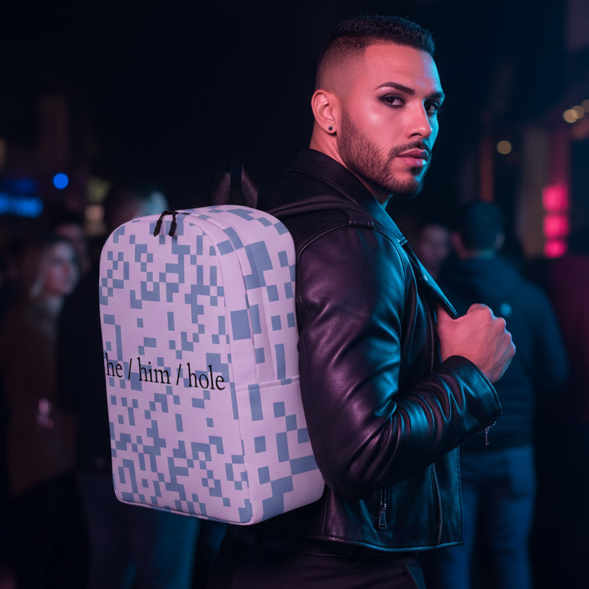 He / Him / Hole Minimalist Backpack" with LGBTQ label, black leather jacket, bold makeup; nightlife scene with queer energy.
