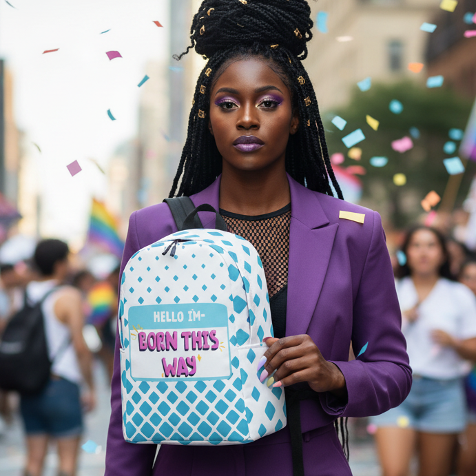 “Hello I’m Born This Way Minimalist Backpack” held by a Black woman at Pride, purple blazer, bold makeup, rainbow flag and confetti.