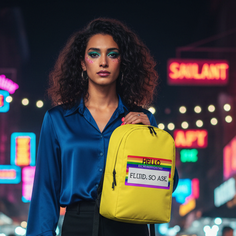 Minimalist backpack reading "Hello My Pronouns Are Fluid. So Ask." with rainbow-striped name tag, held by femme on neon city street.