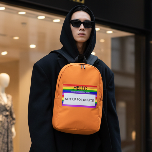 Minimalist backpack with rainbow “Hello” badge and “NOT UP FOR DEBATE” sticker, worn by person in black coat and sunglasses.