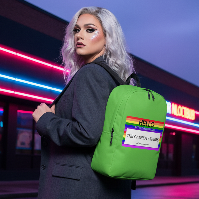 Hello My Pronouns Are They / Them / Theirs Minimalist Backpack" with rainbow name tag, carried by silver-haired person in blazer, neon city lights behind.