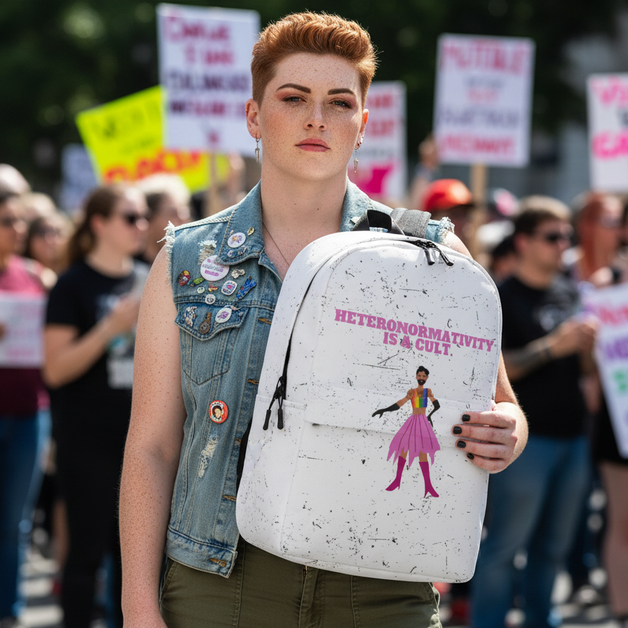 Heteronormativity Is A Cult Minimalist Backpack with bold slogan and graphic, held by queer redhead in denim at a protest.